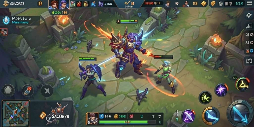 Tampilan gameplay intens dari GACOR78 memperlihatkan pertarungan antar karakter MOBA.