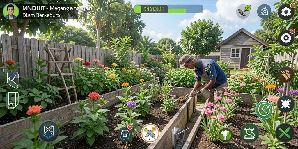 Gameplay MNDUIT menampilkan keindahan kebun yang rimbun dan subur.