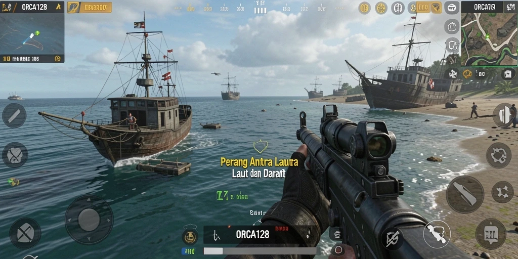 Tampilan gameplay menembak yang intens dan menarik di ORCA128.