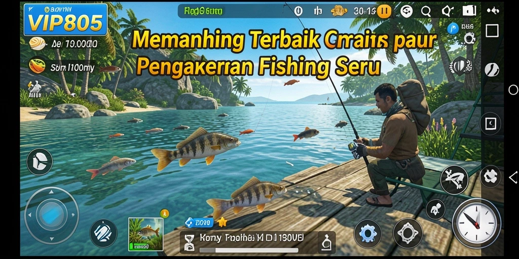 Tampilan gameplay memancing yang seru dengan ikan besar dan peralatan canggih.
