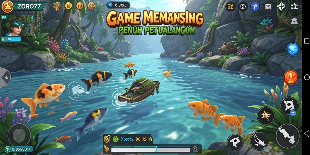 Screenshot gameplay ZORO77 menampilkan petualangan memancing menakjubkan.